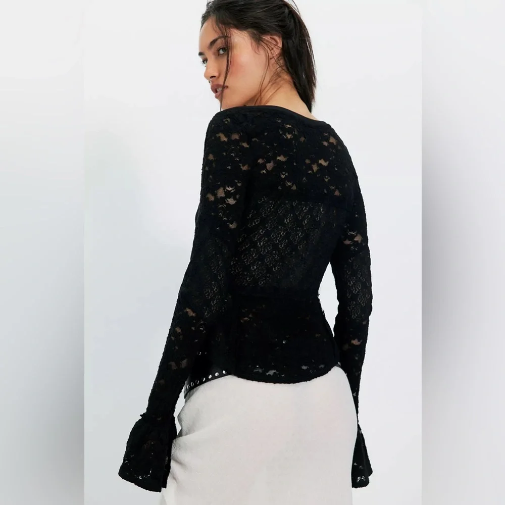 Free People Sheer Lace Flared Long Sleeve Top Black Boho Romantic Mesh Sz Small - Picture 2 of 3